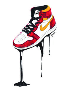 a drawing of a pair of shoes on top of a dripping shoe with the word nike painted on it