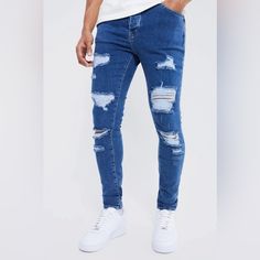 Boohooman Skinny Stretch All Over Rip Jeans Mid Blue Size 32r New With Tags Rip Jeans, Hipster Jeans, Robin Jeans, Slim Denim, Button Fly Jeans, Slim Straight Jeans, Distressed Black Jeans, Light Blue Denim, Dark Wash Jeans