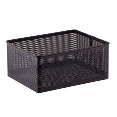 a black plastic basket with holes on the sides and bottom, sitting in front of a white background