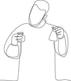 one continuous line drawing of a man holding a glass and bottle in his hands, with the other hand on top of him