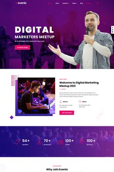 the landing page for digital marketer's meetup, which features an image of a man speaking into a microphone