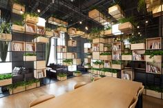 a room with many bookshelves and plants on the walls, along with wooden tables