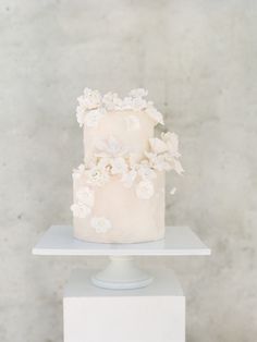 a three tiered cake with white flowers on it sitting on top of a table