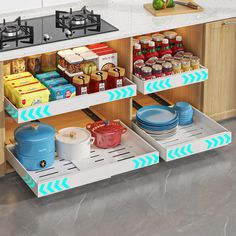 an open kitchen cabinet with pots and pans on the bottom shelf in front of it