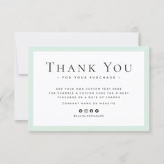 a thank card with the words, thank you for your purchase and it's blue border