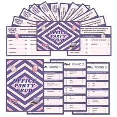 the office party game is shown in purple and white