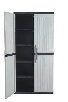 a white and black cabinet with two doors on the front, and one door open