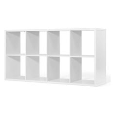 a white book shelf with six cubes on each side and four shelves below it