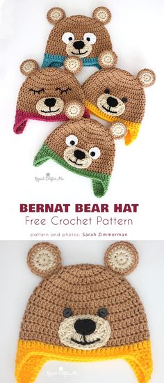 four crocheted hats with teddy bears on them