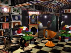 a room filled with lots of different types of toys and bookshelves on top of a checkered floor