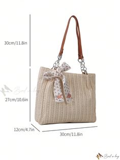 Bird in Bag - Exquisite Oversized Woven Beach Bag featuring Silk Scarf Embellishment and Elegant Metal Chain Shoulder Strap for Women Rectangular Straw Bag With Chain Strap For Vacation, Elegant Beige Beach Bag, Summer Beach Shoulder Bag With Chain Strap, Beach Shoulder Bag With Chain Strap For Summer, Summer Beige Bag With Chain Strap, Beige Chain Strap Beach Bag, Elegant Square Straw Bag For Vacation, Beige Bags With Chain Strap For Summer, Beige Bag With Chain Strap For Summer