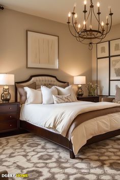 Sophisticated Biedermeier bedroom with a wooden bed, luxurious bedding, and elegant lighting. Wooden Bed Design Modern Luxury, Wooden Bed Design Modern, Classic Modern House, Wood Bedroom Decor, Bed Design Modern Luxury, Brown Bedroom Decor, French Bedroom Decor, Neoclassical Furniture, Classic Furniture Living Room