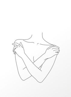 a line drawing of a woman's torso with her hands on her chest, looking down