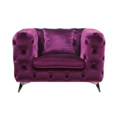 a purple chair with buttons on the armrests and a black base, sitting in front of a white background