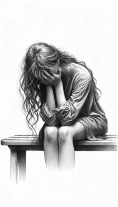 a pencil drawing of a woman sitting on a bench with her head in her hands