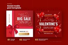 two valentine's day social media post templates with red balloons and hearts on them