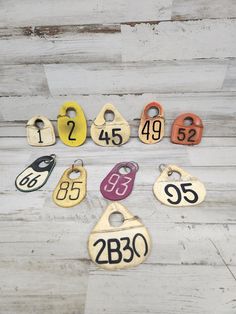 the numbers are numbered in different colors and sizes on wooden tags with holes to cut them