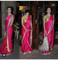 We provide stitching service for blouse, saree fall pico. Saree Fabric - Satin Silk. Blouse Fabric - Contrast Satin Fabric 1 mtr✨ (blouse shown in image is for ref purpose). work - Contrast Zari Lace Work. Pink Satin Saree, Pink Saree Silk, Malika Arora, Saree Blouses Online, Malaika Arora, Party Sarees, Western Dress, Blouse Saree, Satin Saree