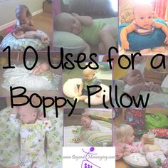 there are many pictures of babies in different positions and sizes, with the words 10 uses for a boppy pillow