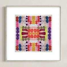 an art work with multicolored circles and dots on white paper in a square frame