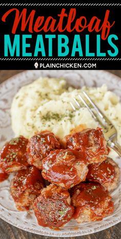 meatballs and mashed potatoes on a plate with the words meatballs written in red