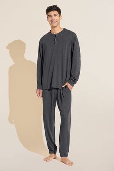 Henry TENCEL™ Modal Long PJ Set - Charcoal Heather - Eberjey Luxury Men's Loungewear Bottoms, Classy Mens Loungewear, Mens Winter Pyjamas, Man Christmas Pajamas, Boy Pajamas Adult, Christmas Pyjamas Mens, Mens Pajamas Christmas, Cheap Men's Relaxed Fit Sleepwear, Pajama Set Men Cute