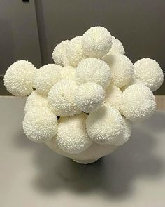 a vase filled with white pom - poms on top of a table