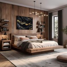 a bedroom with wood paneled walls and flooring, including a large bed in the center