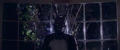 a person wearing a bunny mask and standing in front of a wall with glass squares