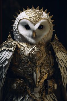 an owl dressed in gold and silver armor