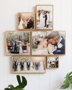 a couple kissing in front of their wedding pictures on the wall next to each other