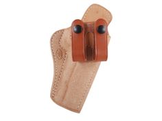 a brown leather holster with two black buttons on the inside and outside side of it