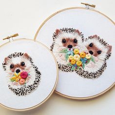 two hedgehogs with flowers on their heads are shown in this embroidery pattern, and the other is made from white fabric