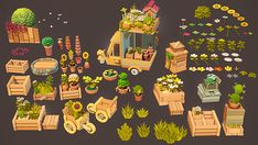 a bunch of plants that are sitting in wooden boxes on the ground with flowers and potted plants around them