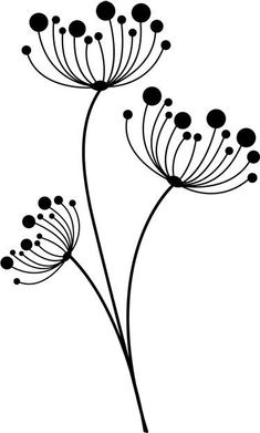 three black and white flowers are shown on a white background, with the stems in the foreground