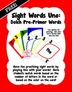 sight words uno dolch pre - primer word cards with numbers on the front