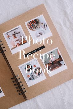 an open photo book with photos on it and the words photo recipe book written in white