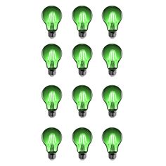 many green light bulbs are arranged in a row