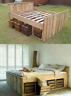 an image of a bed frame made out of pallets and wooden crates with drawers