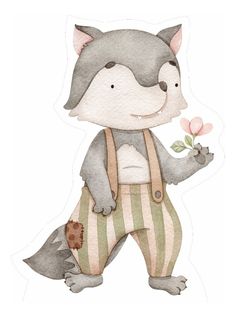 a watercolor drawing of a raccoon holding a flower in its hand and wearing overalls