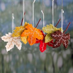 an autumn leaf mobile hanging from strings