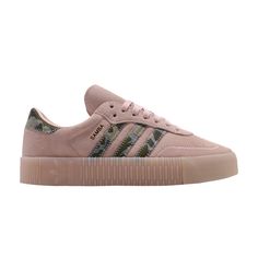 Following the 2018 re-release of adidas' classic Samba silhouette, the brand launched a women's exclusive sister to the style—the Sambarose. The Wmns Sambarose 'Icey Pink' features a suede upper with a jacquard-woven heel detail, Three-Stripes branding and zigzag stitching. 'Samba' lettering and a Trefoil logo appear on the shoe in metallic gold foil to catch the light. Below, a tonal Icey Pink platform cupsole provides height. Pink Adidas Logo Skate Shoes, Adidas Platform Sneakers With Boost Midsole, Adidas Platform Sneakers With Gum Sole, Adidas Sneakers With Gum Sole, Adidas Sambarose, Pink Platform, Pink Platforms, Adidas Classic, Jacquard Weave