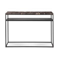 an iron and marble console table with black metal frame, one shelf is open to the side