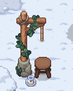 an image of a cross in the snow with a small chair and stool next to it