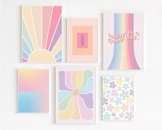 four colorful greeting cards on a white background