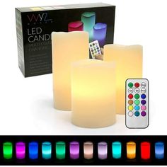 three lit candles with remote controls in front of a box and an advertisement for the new led candle