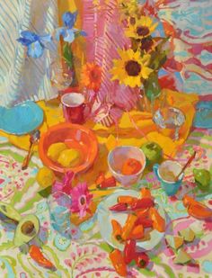 a painting of sunflowers and other flowers on a table with plates and bowls