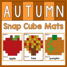 an autumn snap cube mats with the words, pumpkin and apple on it in different colors