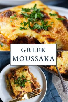 greek moussaka on a plate with a fork and serving dish next to it