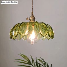 a green glass light hanging from a ceiling fixture next to a potted palm tree